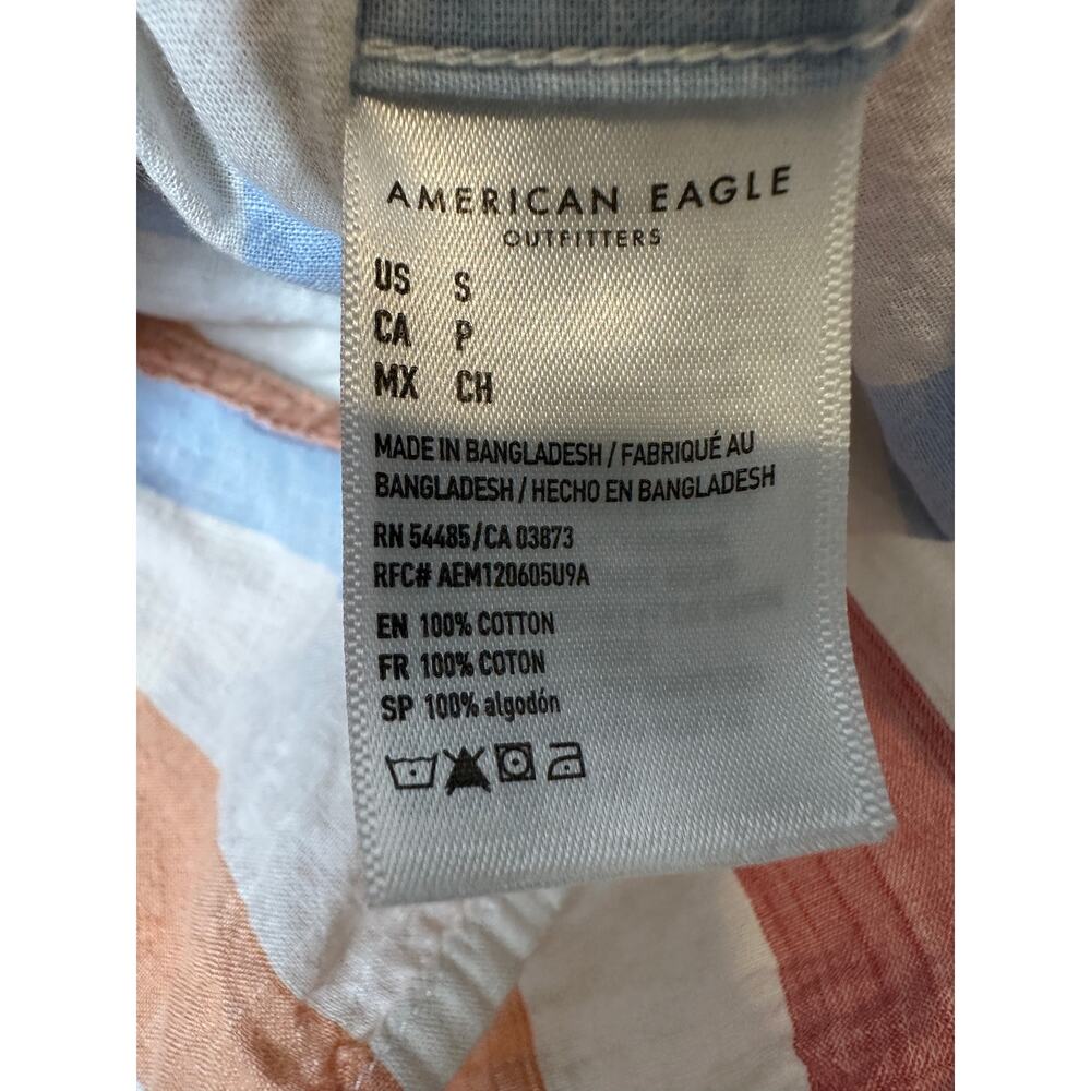 American Eagle Men Sze Small Striped Button Down Red Blue Cotton Vacation Summer - Picture 6 of 10